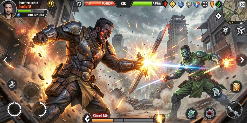 Tangkapan layar gameplay 73K menampilkan aksi pertempuran yang mendebarkan.