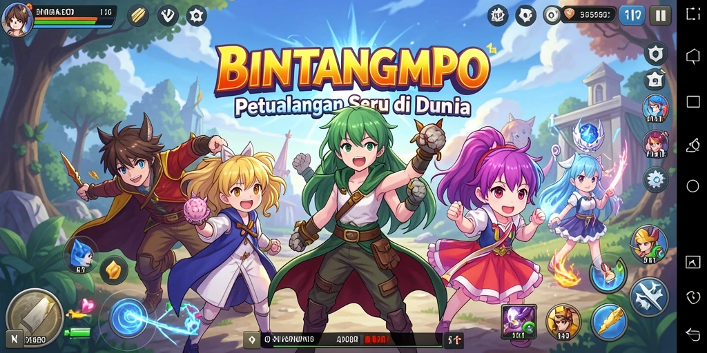 Screenshot menunjukkan pertarungan epik dalam BINTANGMPO dengan karakter anime.