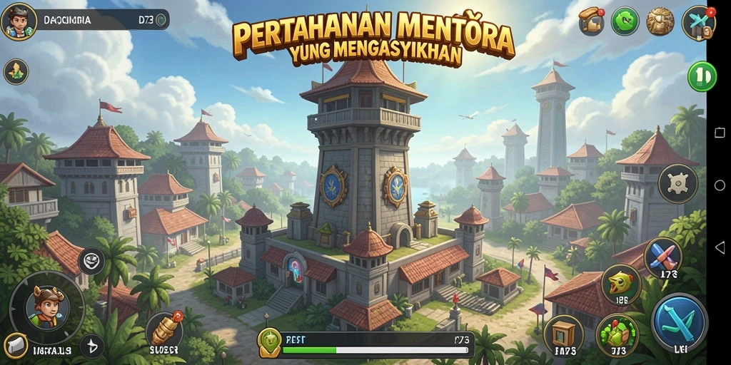 Gameplay D73 menampilkan menara dan strategi pertahanan yang mendebarkan.