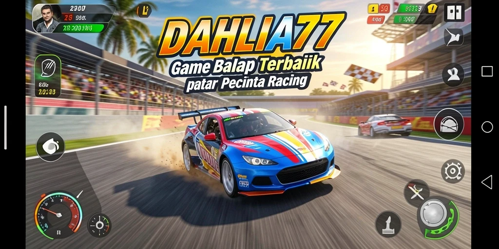 Screenshot utama DAHLIA77 menunjukkan balapan seru dengan mobil kece.