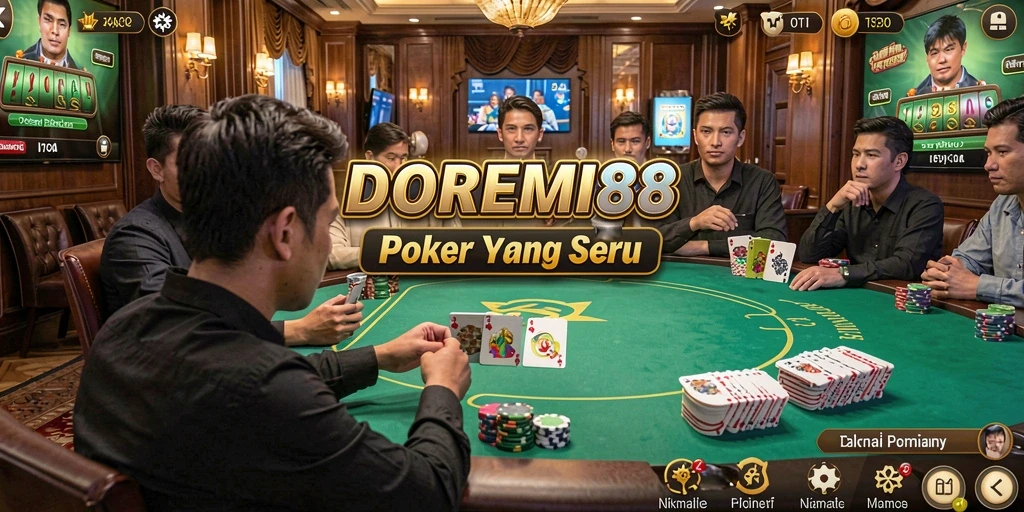 Screenshot DOREMI88 menampilkan pemain beraksi dalam permainan poker yang seru.