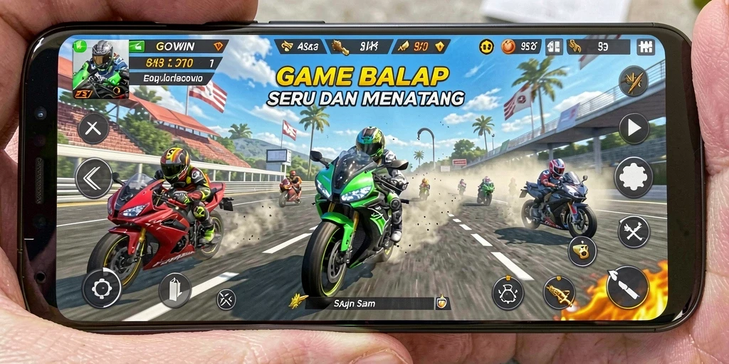 Tampilan gameplay GOWIN dengan motor balap yang cepat dan lintasan menantang.