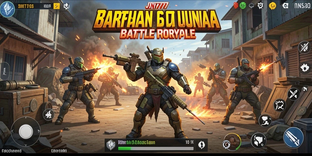 Screenshot utama JNT777 menampilkan aksi seru dalam Battle Royale.