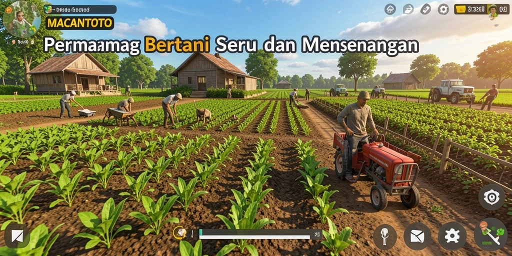 Tangkapan layar utama gameplay MACANTOTO menampilkan ladang yang indah dengan beragam tanaman.