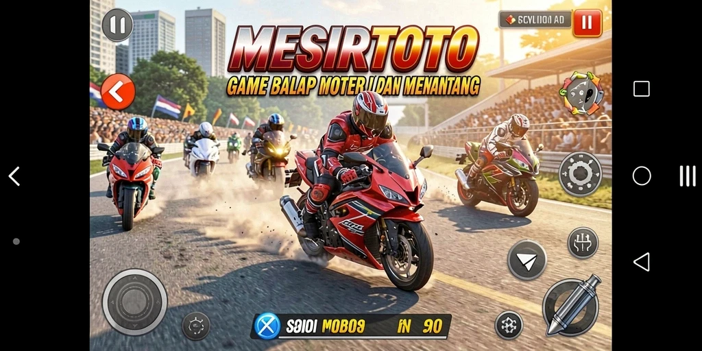 Tampilan gameplay seru dalam balapan motor MESIRTOTO.