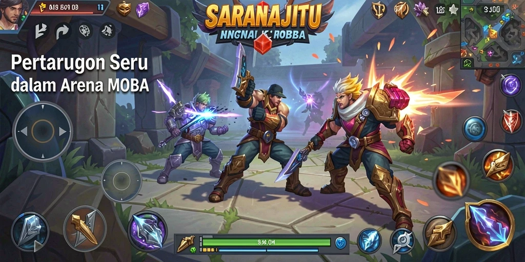 Tangkapan layar utama SARANAJITU menampilkan aksi seru dalam pertarungan MOBA.