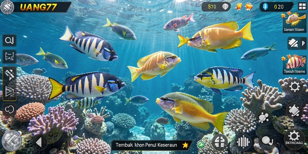 Screenshot gameplay UANG77 menunjukkan aksi menembak ikan yang seru.