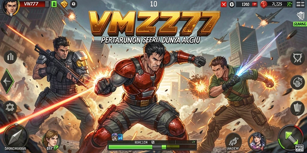Screenshot VM777 menampilkan pertempuran mendebarkan dengan karakter unik.